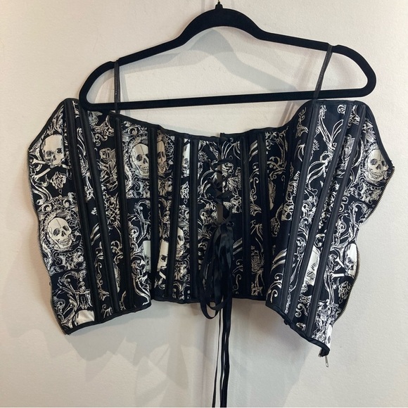 SHIRLEY OF HOLLYWOOD Sz 32 Boning Lace Up Zipper Closure Skull Corset Bustier - Picture 9 of 10